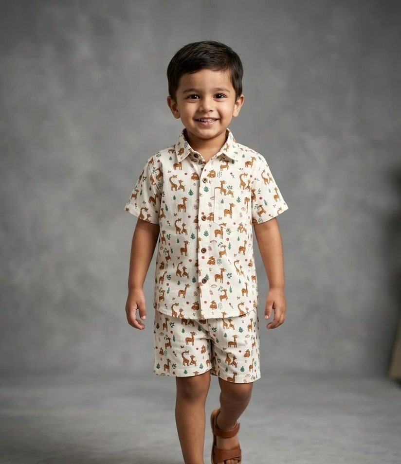 Beige Giraffe Print Shirt & Shorts Set