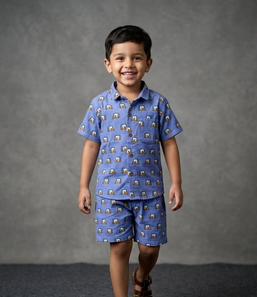 Blue Auto Rickshaw Print Shirt & Shorts Set