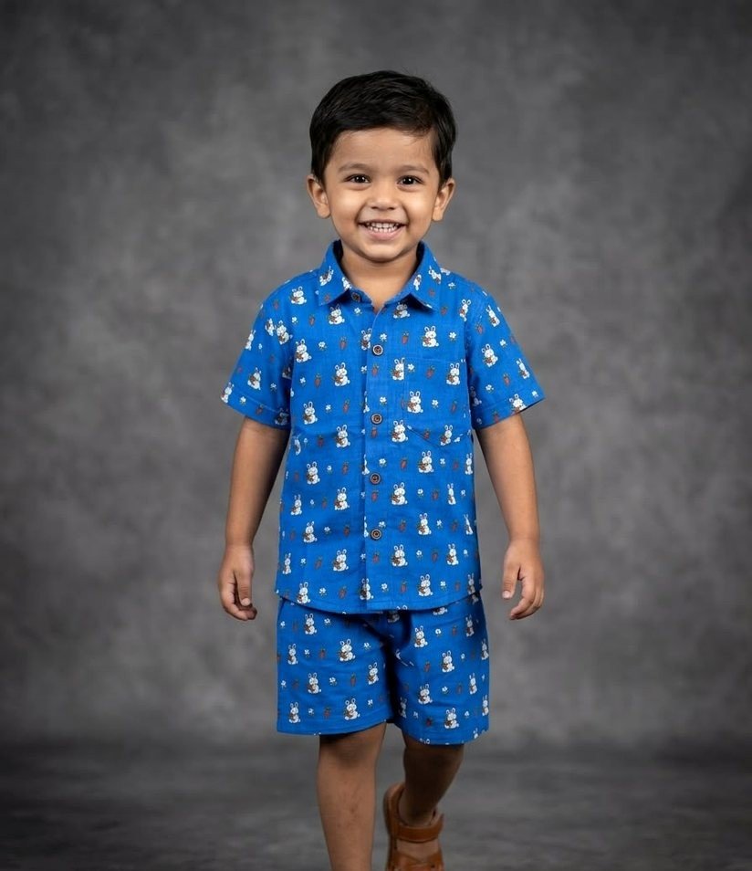 Blue Bunny Print Shirt & Shorts Set