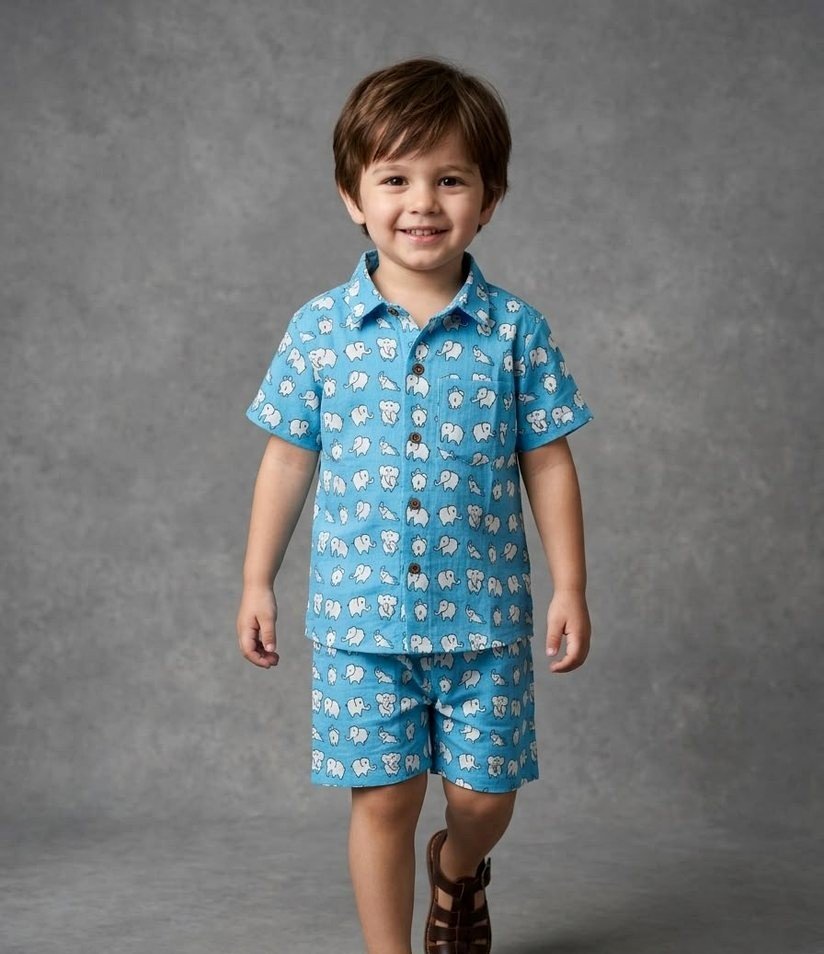 Blue Elephant Print Shirt & Shorts Set