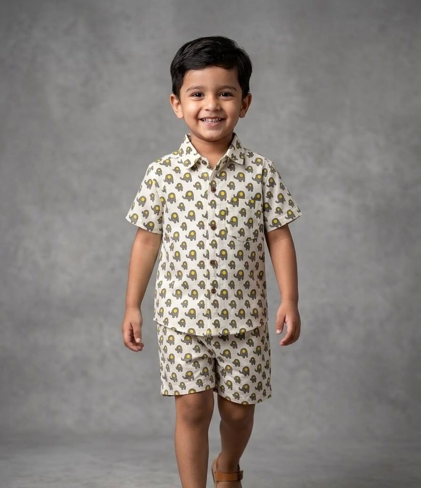 Cream Grey Elephant Print Shirt & Shorts Set