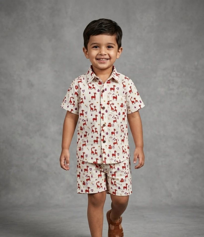 Cream Red Giraffe Print Shirt & Shorts Set