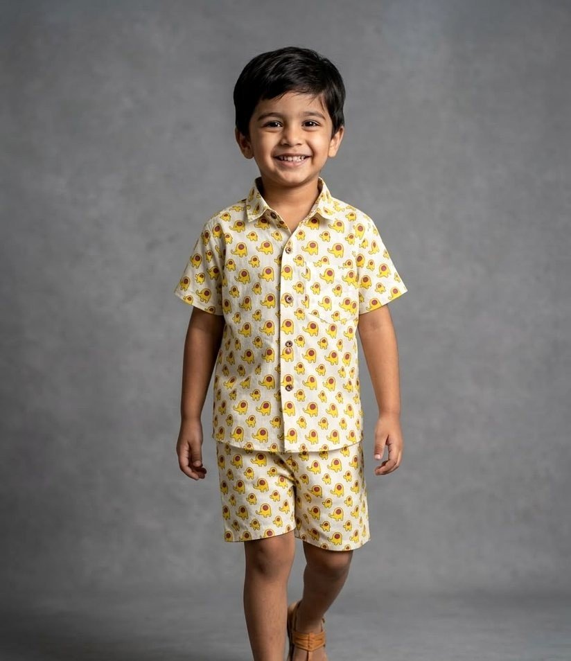 Cream Yellow Elephant Print Shirt & Shorts Set