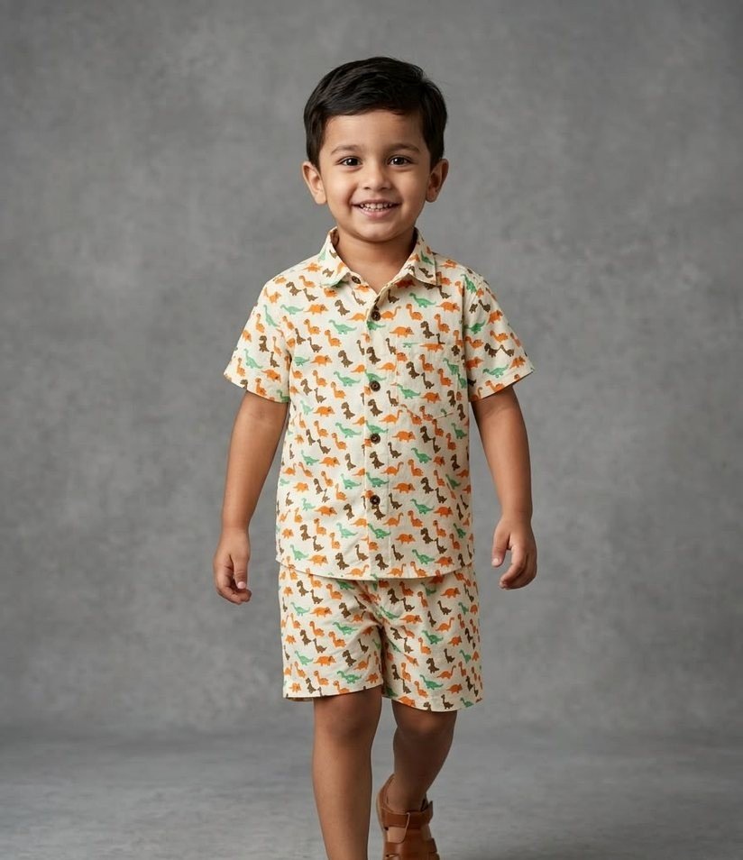 Orange Green Dinosaur Print Shirt & Shorts Set