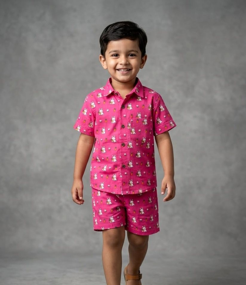 Magenta Bunny Print Shirt & Shorts Set