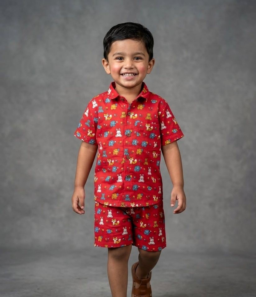 Red Mixed Animals Print Shirt & Shorts Set