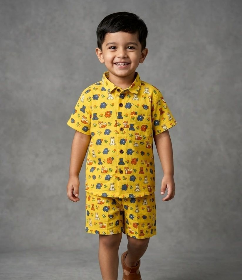 Yellow Mixed Animals Print Shirt & Shorts Set