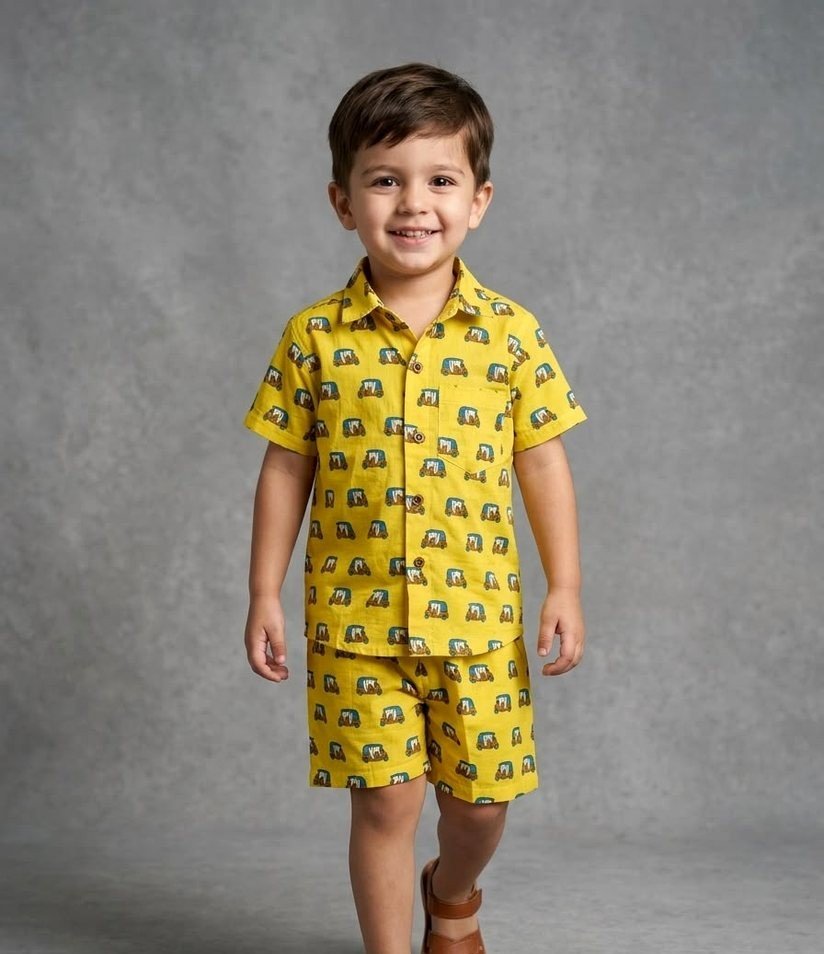 Yellow Auto Rickshaw Print Shirt & Shorts Set