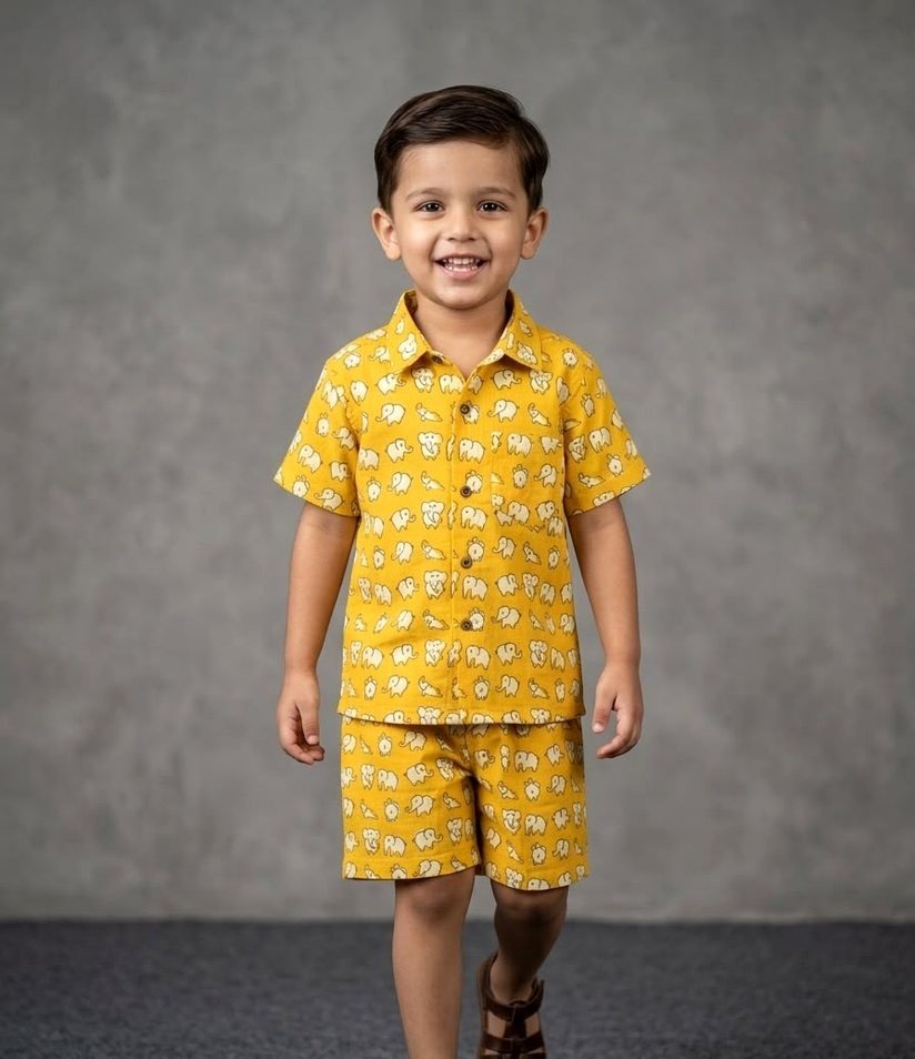 Yellow Elephant Print Shirt & Shorts Set